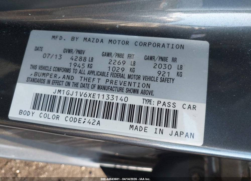 2014 MAZDA 6 I TOURING VIN: JM1GJ1V6XE1133140