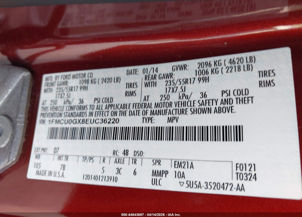 2014 FORD ESCAPE SE VIN: 1FMCU0GX8EUC36220