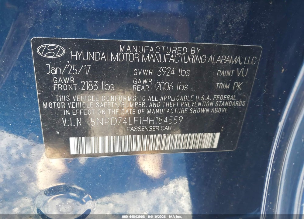 2017 HYUNDAI ELANTRA SE VIN: 5NPD74LF1HH184559