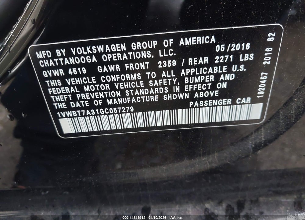 2016 VOLKSWAGEN PASSAT 1.8T SE VIN: 1VWBT7A31GC057279