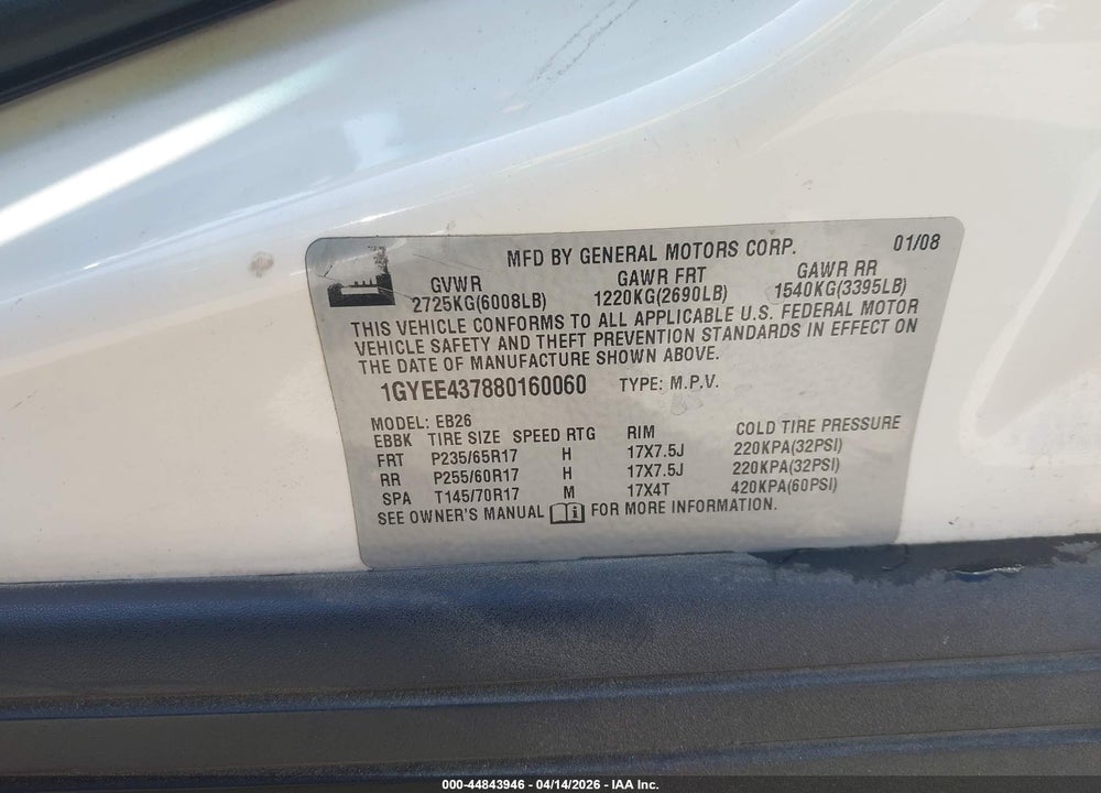 2008 CADILLAC SRX V6 VIN: 1GYEE437880160060