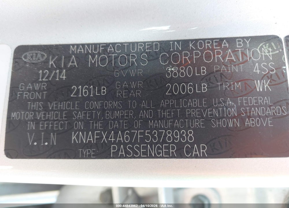 2015 KIA FORTE LX VIN: KNAFX4A67F5378938