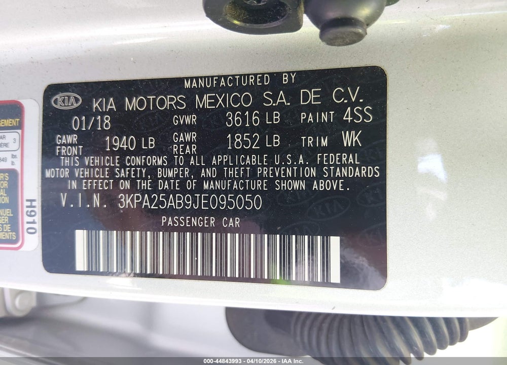 2018 KIA RIO LX VIN: 3KPA25AB9JE095050
