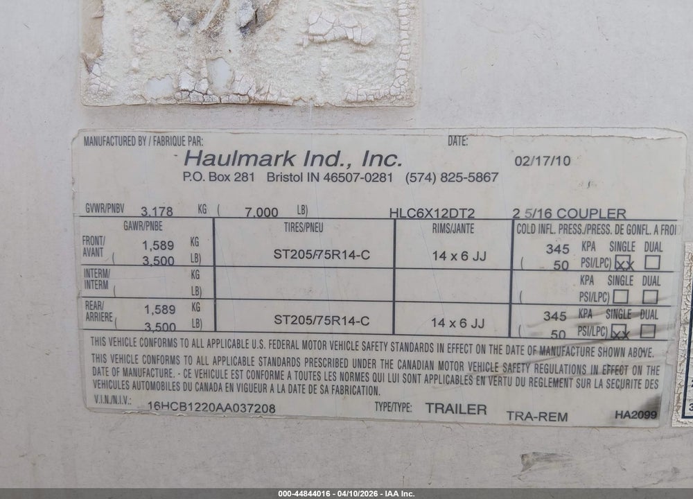 2010 HAUL MARK IND UNKNOWN VIN: 16HCB1220AA037208