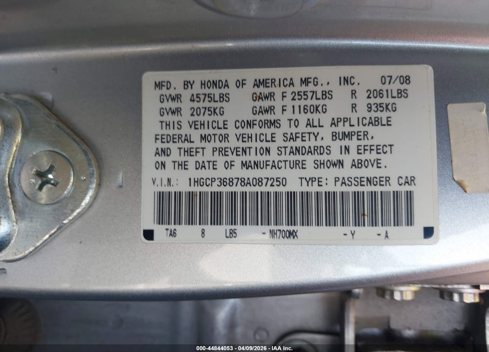 2008 HONDA ACCORD 3.5 EX-L VIN: 1HGCP36878A087250
