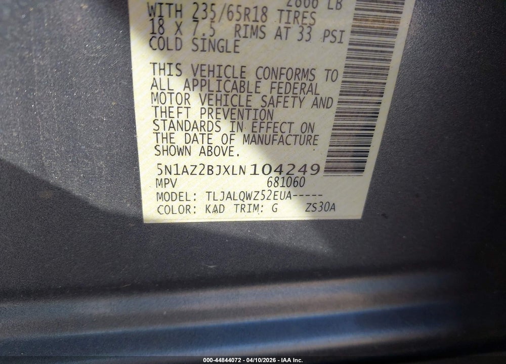 2020 NISSAN MURANO SV FWD VIN: 5N1AZ2BJXLN104249