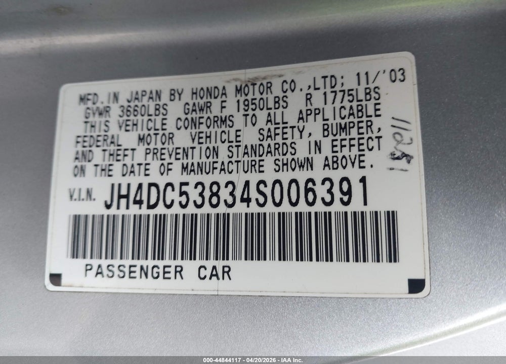 2004 ACURA RSX VIN: JH4DC53834S006391