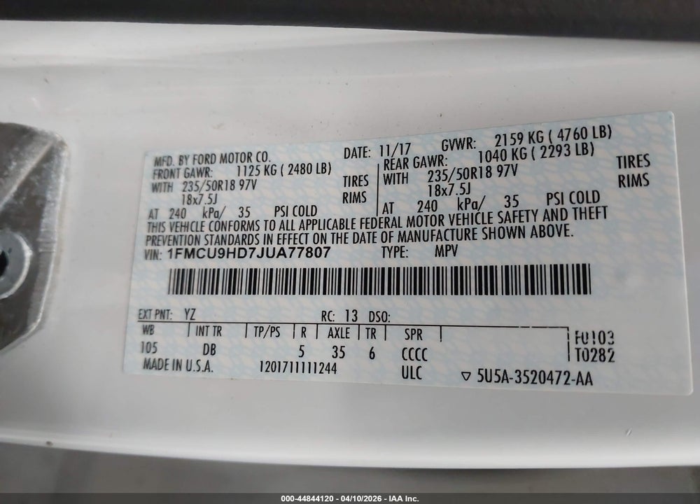 2018 FORD ESCAPE SEL VIN: 1FMCU9HD7JUA77807