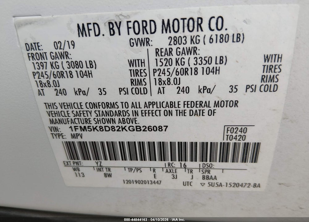 2019 FORD EXPLORER XLT VIN: 1FM5K8D82KGB26087