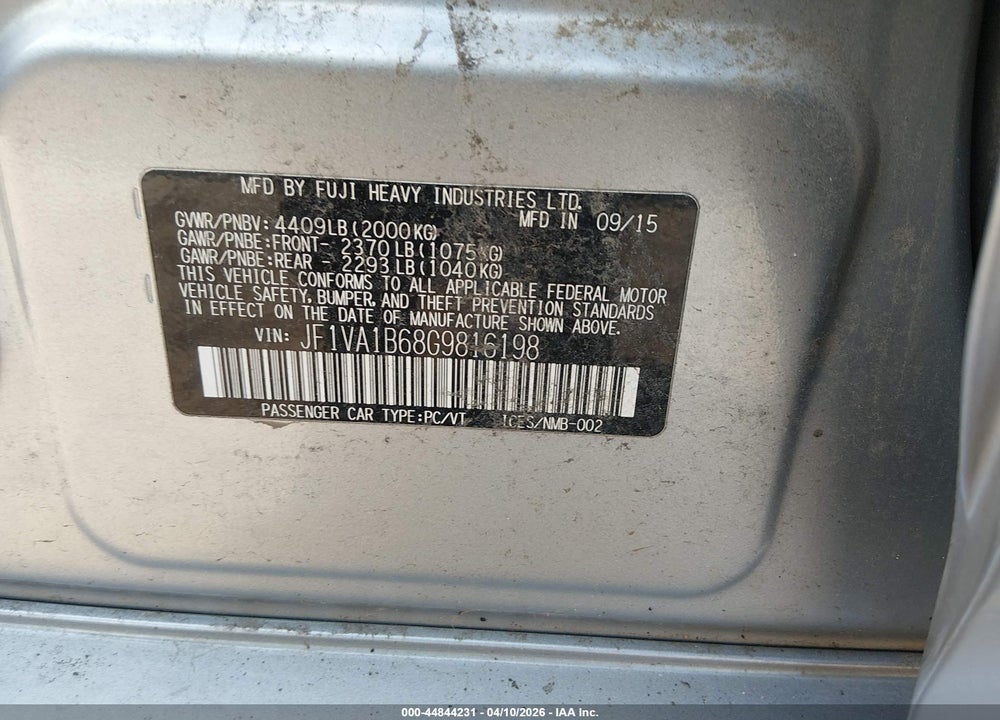 2016 SUBARU WRX VIN: JF1VA1B68G9816198