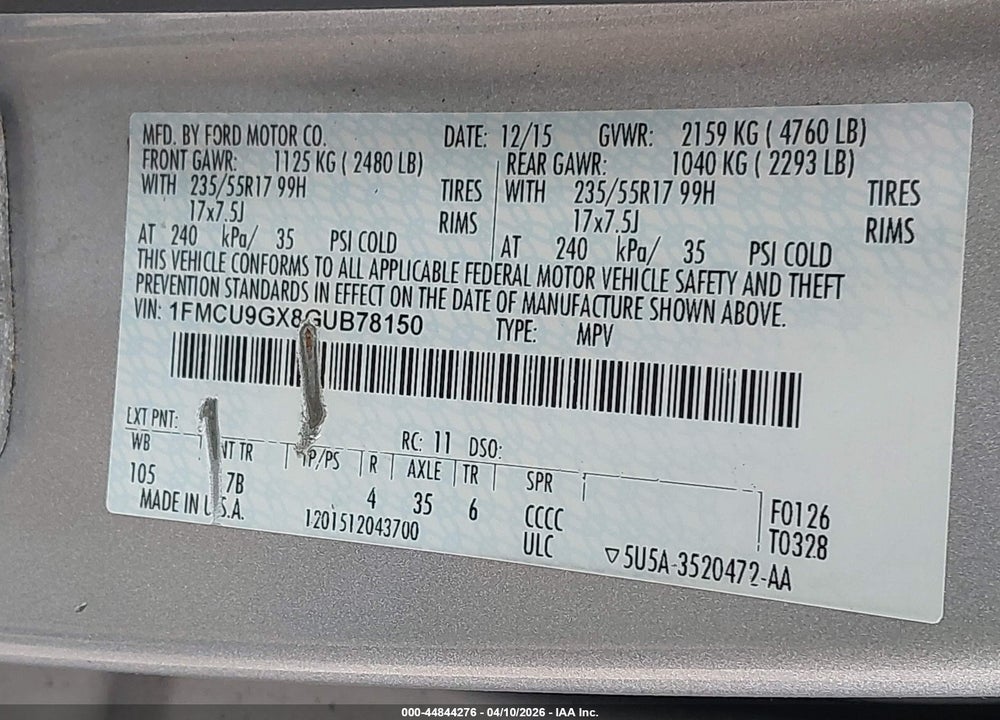 2016 FORD ESCAPE SE VIN: 1FMCU9GX8GUB78150