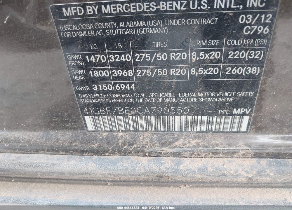 2012 MERCEDES-BENZ GL 450 4MATIC VIN: 4JGBF7BE0CA790550