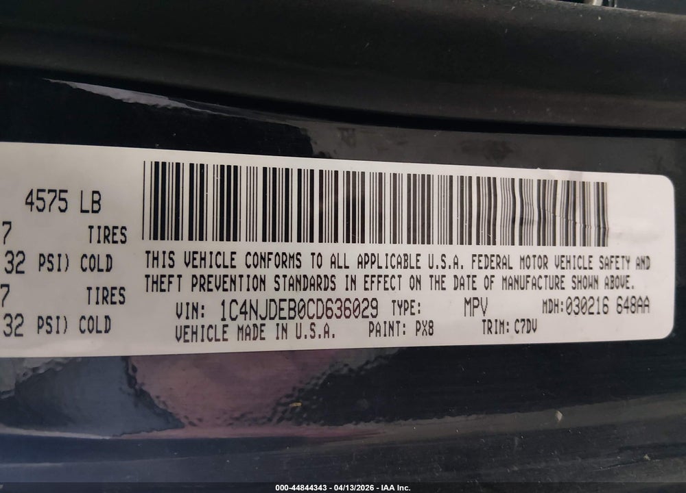 2012 JEEP COMPASS LATITUDE VIN: 1C4NJDEB0CD636029