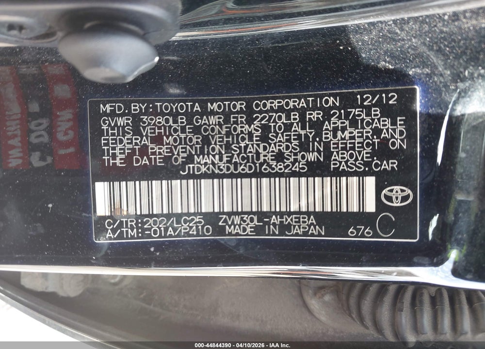 2013 TOYOTA PRIUS THREE SE VIN: JTDKN3DU6D1638245