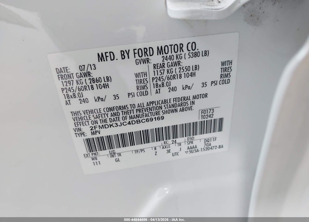 2013 FORD EDGE SEL VIN: 2FMDK3JC4DBC69169