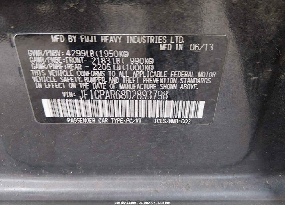 2013 SUBARU IMPREZA 2.0I SPORT LIMITED VIN: JF1GPAR68D2893798