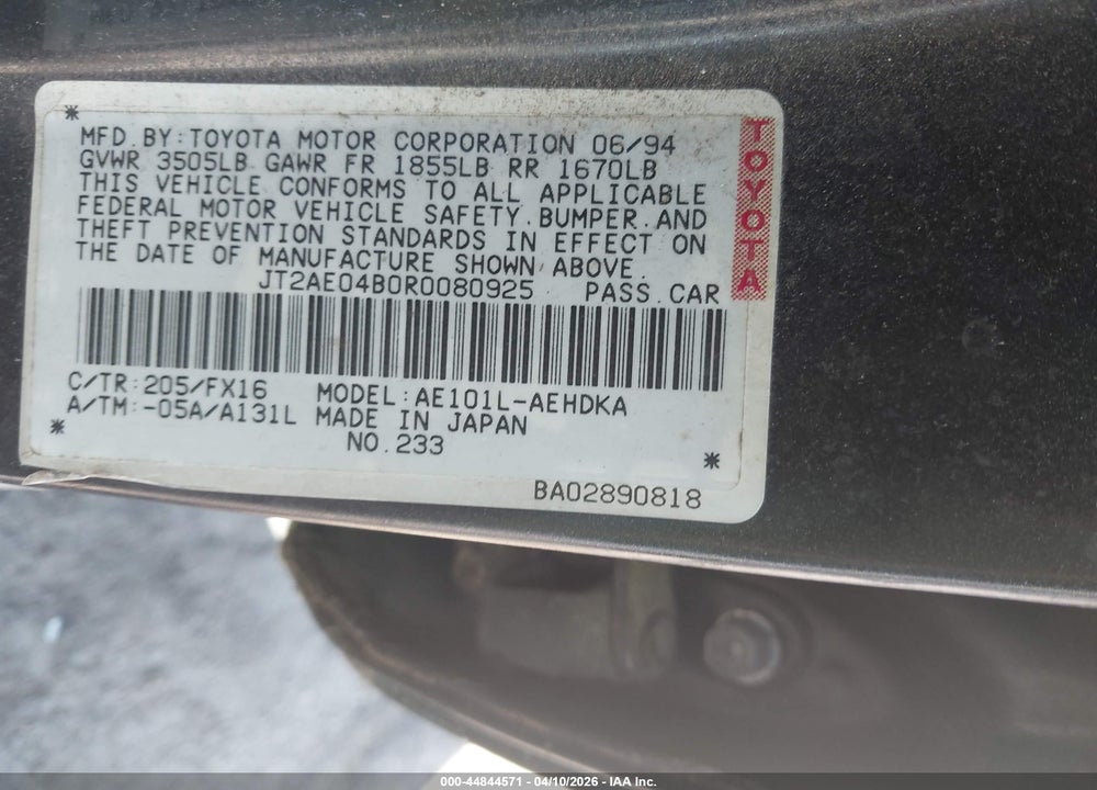 1994 TOYOTA COROLLA VIN: JT2AE04B0R0080925