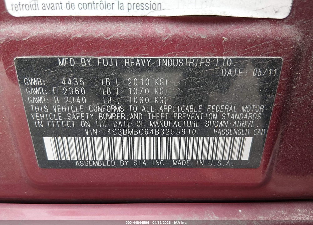 2011 SUBARU LEGACY 2.5I PREM AWP VIN: 4S3BMBC64B3255910