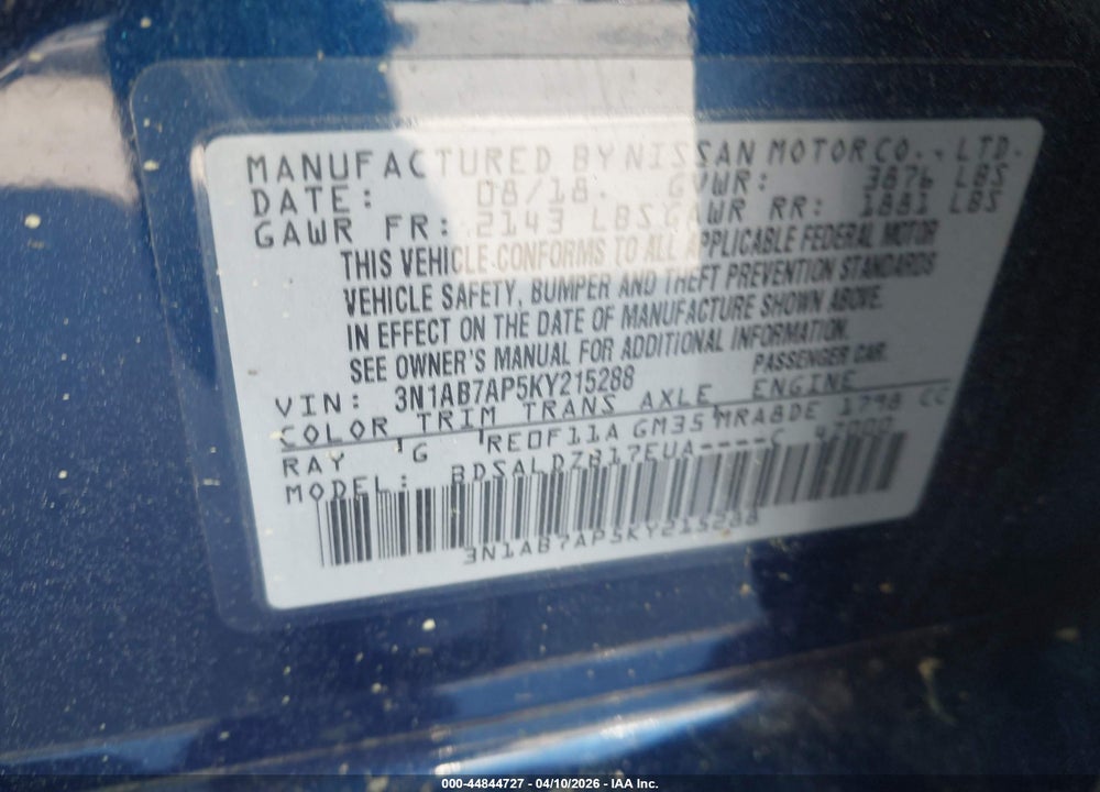 2019 NISSAN SENTRA SV VIN: 3N1AB7AP5KY215288