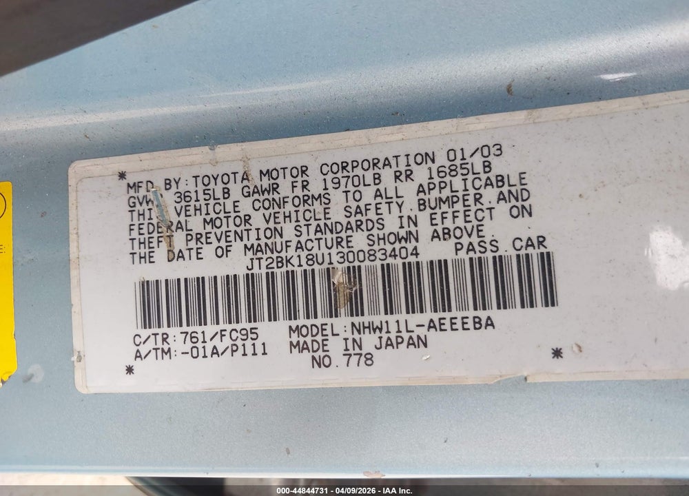 2003 TOYOTA PRIUS VIN: JT2BK18U130083404