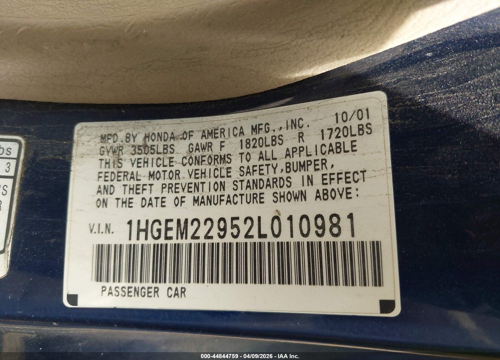 2002 HONDA CIVIC EX VIN: 1HGEM22952L010981