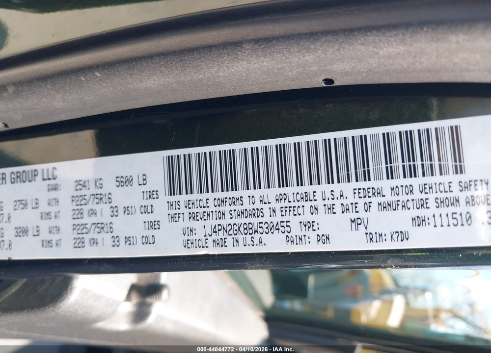 2011 JEEP LIBERTY SPORT VIN: 1J4PN2GK8BW530455