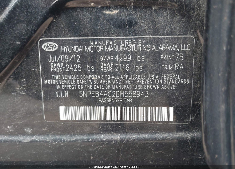 2013 HYUNDAI SONATA GLS VIN: 5NPEB4AC2DH558943