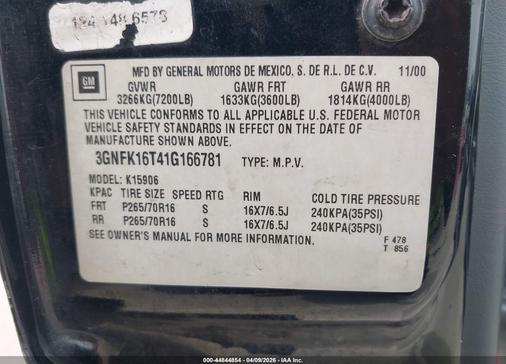 2001 CHEVROLET SUBURBAN 1500 LT VIN: 3GNFK16T41G166781