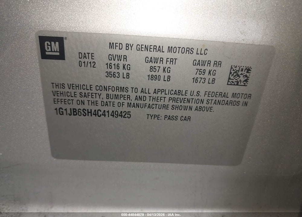 2012 CHEVROLET SONIC 1LS VIN: 1G1JB6SH4C4149425