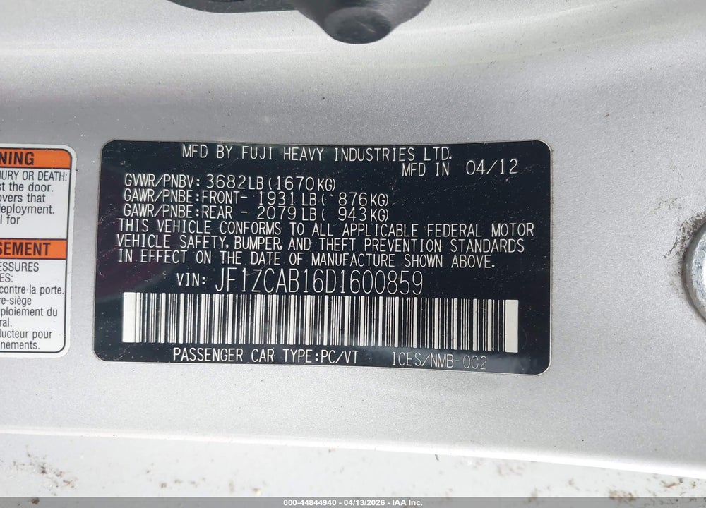 2013 SUBARU BRZ PREMIUM VIN: JF1ZCAB16D1600859