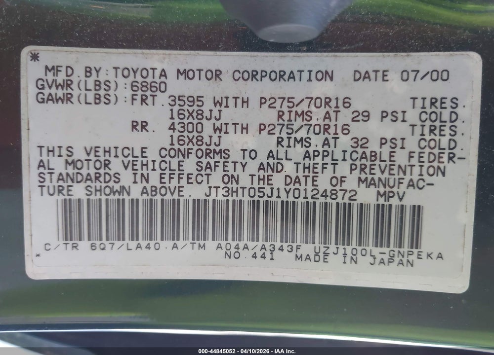 2000 TOYOTA LAND CRUISER VIN: JT3HT05J1Y0124872