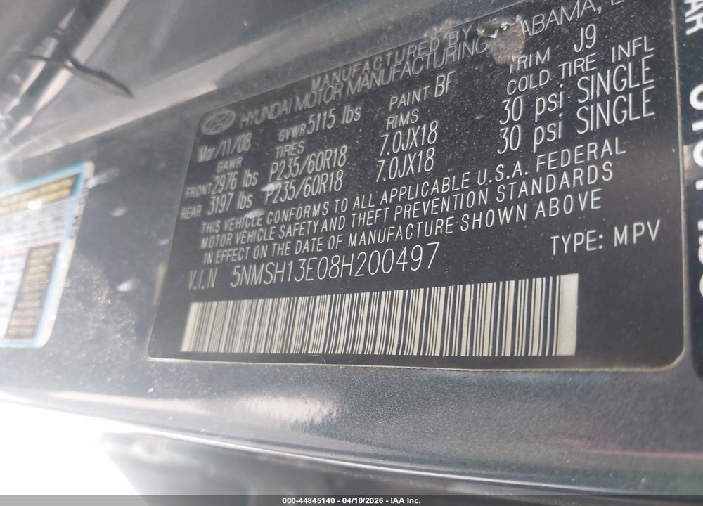 2008 HYUNDAI SANTA FE LIMITED/SE VIN: 5NMSH13E08H200497