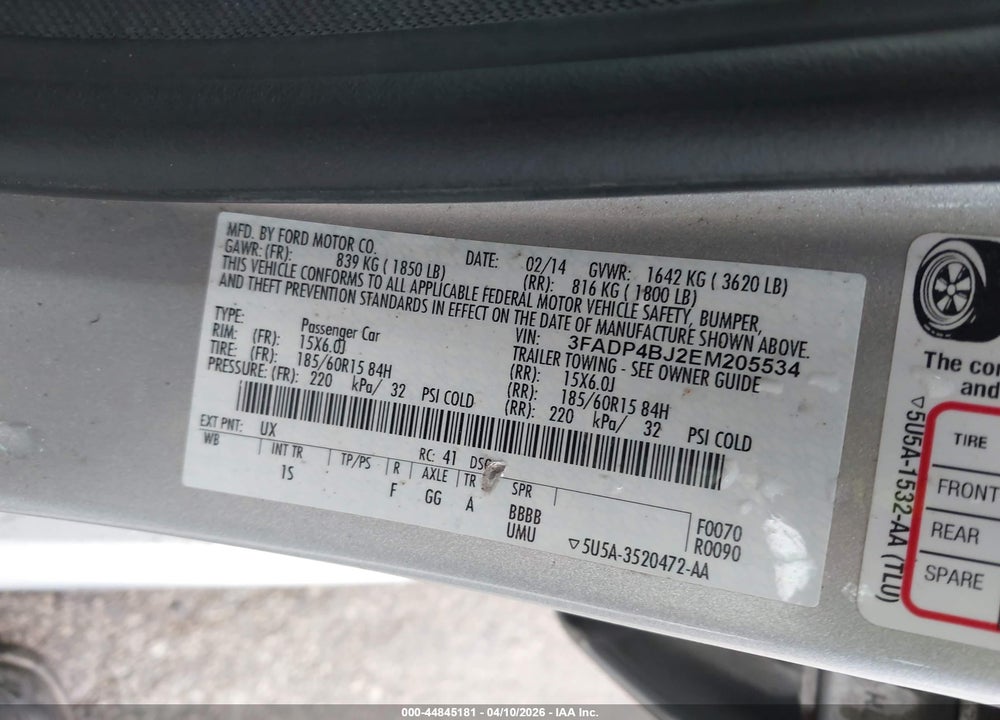 2014 FORD FIESTA SE VIN: 3FADP4BJ2EM205534