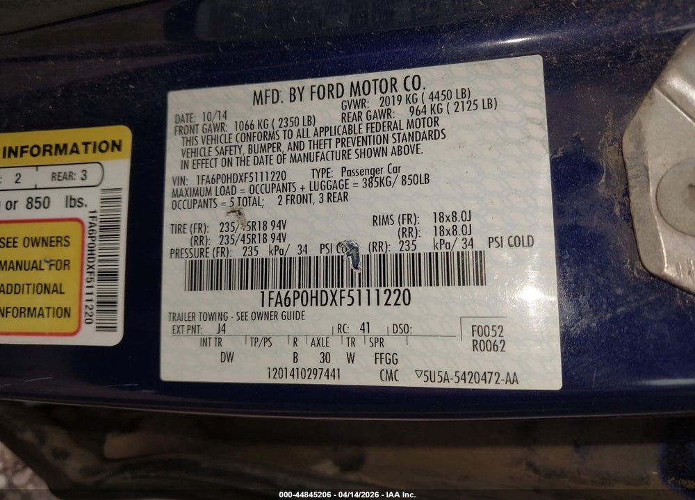 2015 FORD FUSION SE VIN: 1FA6P0HDXF5111220