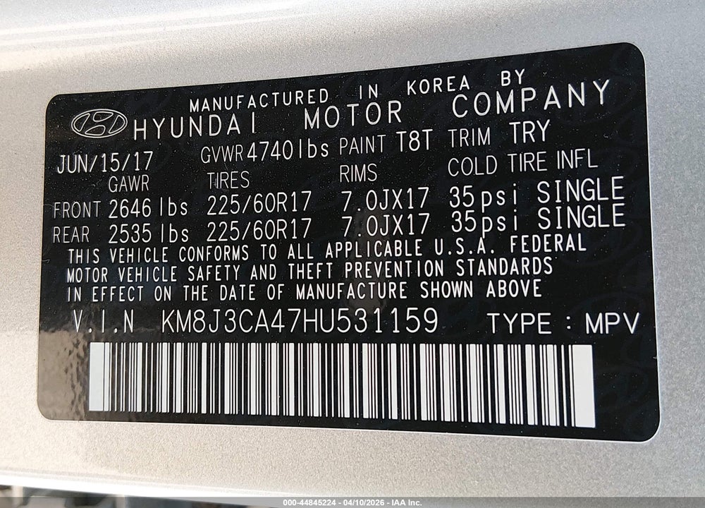 2017 HYUNDAI TUCSON SE PLUS VIN: KM8J3CA47HU531159