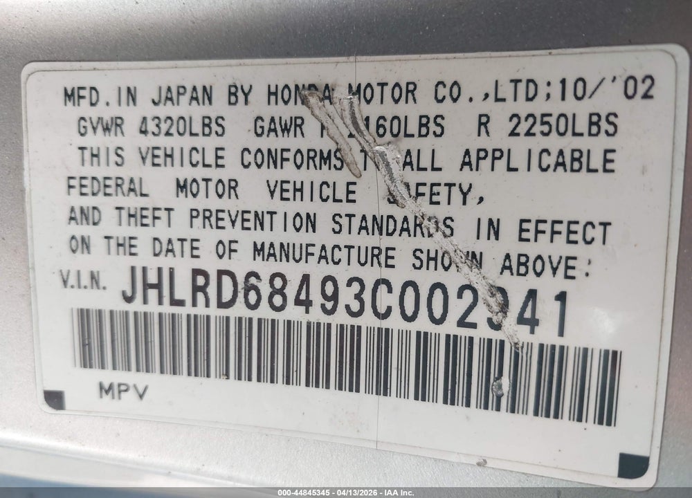 2003 HONDA CR-V LX VIN: JHLRD68493C002941