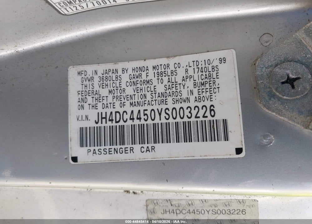 2000 ACURA INTEGRA LS VIN: JH4DC4450YS003226