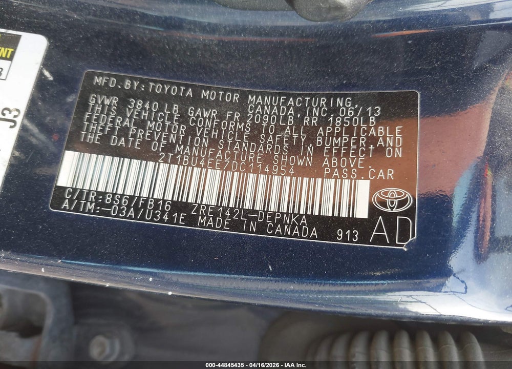 2013 TOYOTA COROLLA LE VIN: 2T1BU4EE7DC114954