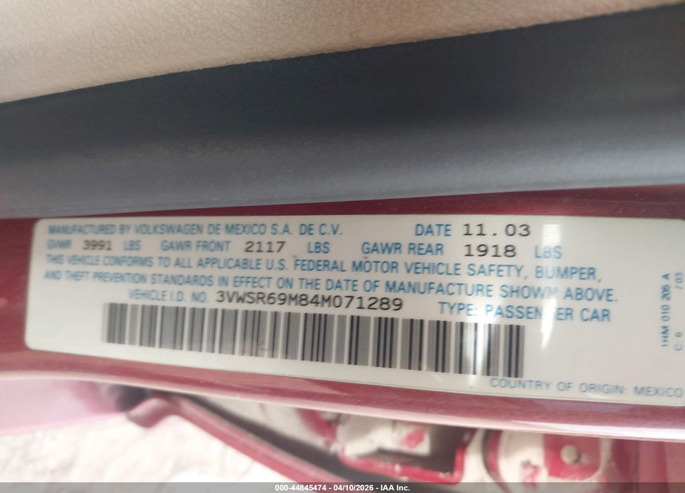 2004 VOLKSWAGEN JETTA GLS TDI VIN: 3VWSR69M84M071289