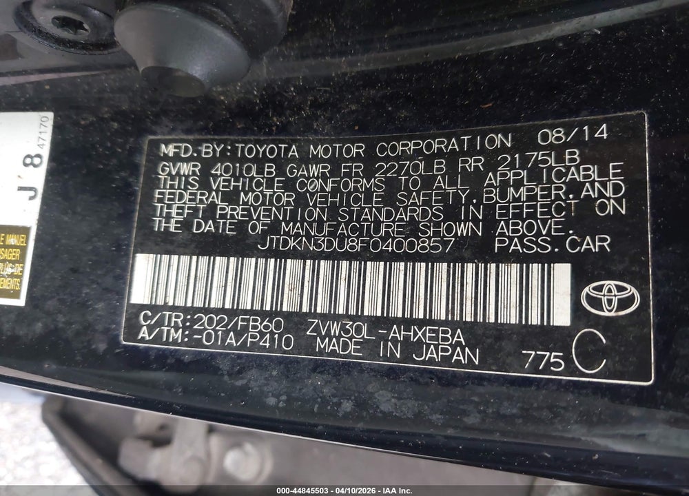 2015 TOYOTA PRIUS THREE VIN: JTDKN3DU8F0400857