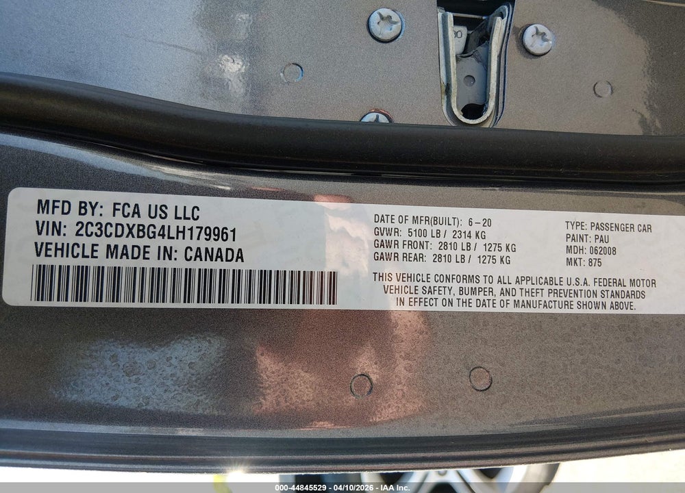 2020 DODGE CHARGER SXT RWD VIN: 2C3CDXBG4LH179961