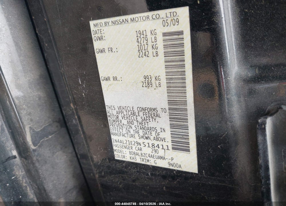 2009 NISSAN ALTIMA 2.5 S VIN: 1N4AL21E29N518411