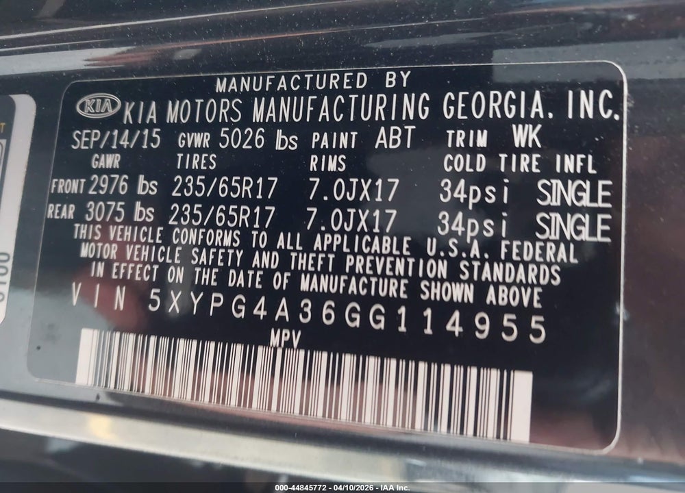 2016 KIA SORENTO 2.4L LX VIN: 5XYPG4A36GG114955