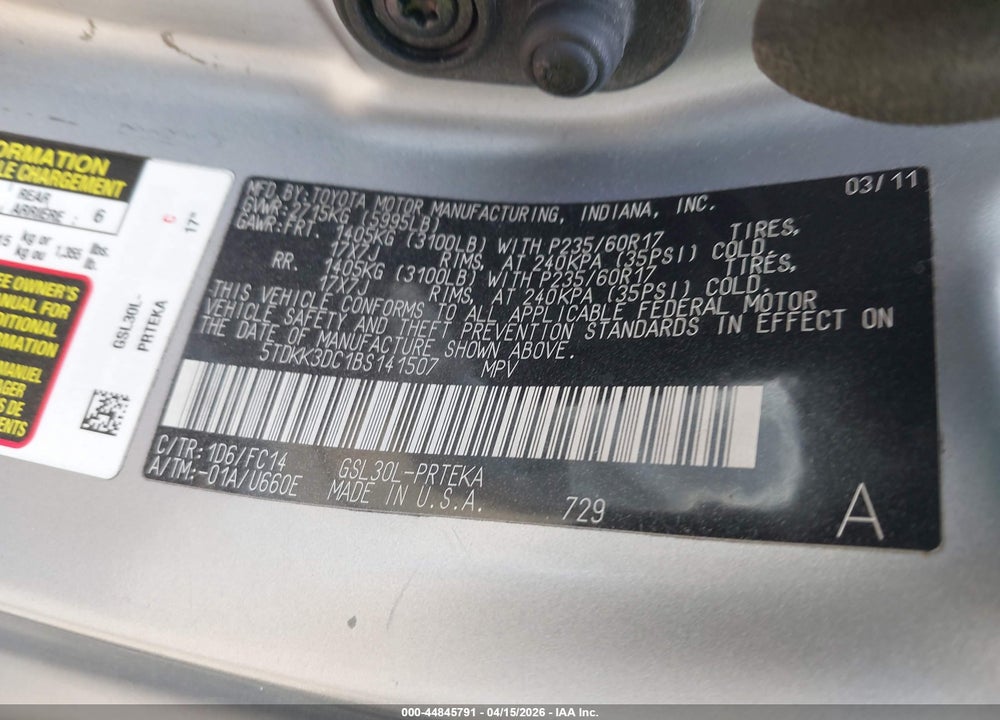 2011 TOYOTA SIENNA LE V6 VIN: 5TDKK3DC1BS141507