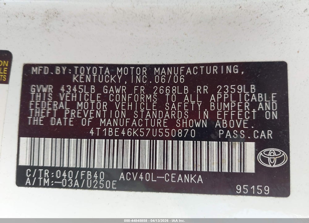 2007 TOYOTA CAMRY LE VIN: 4T1BE46K57U550870