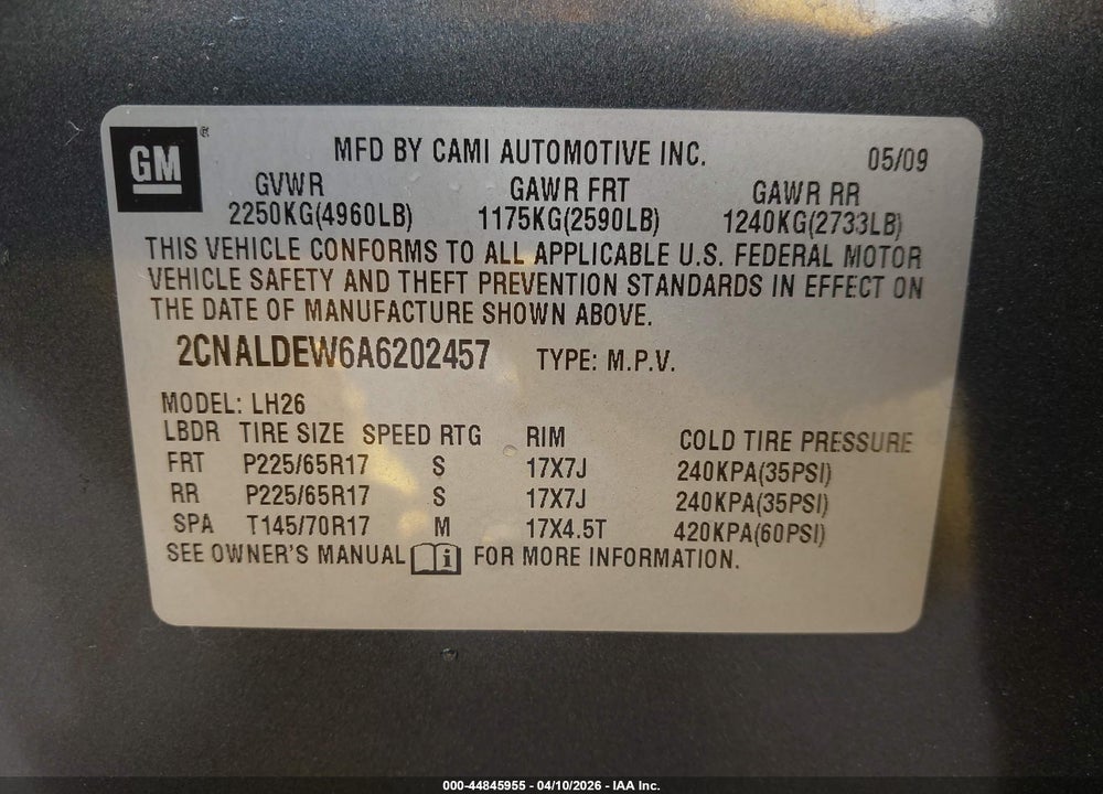 2010 CHEVROLET EQUINOX LT VIN: 2CNALDEW6A6202457