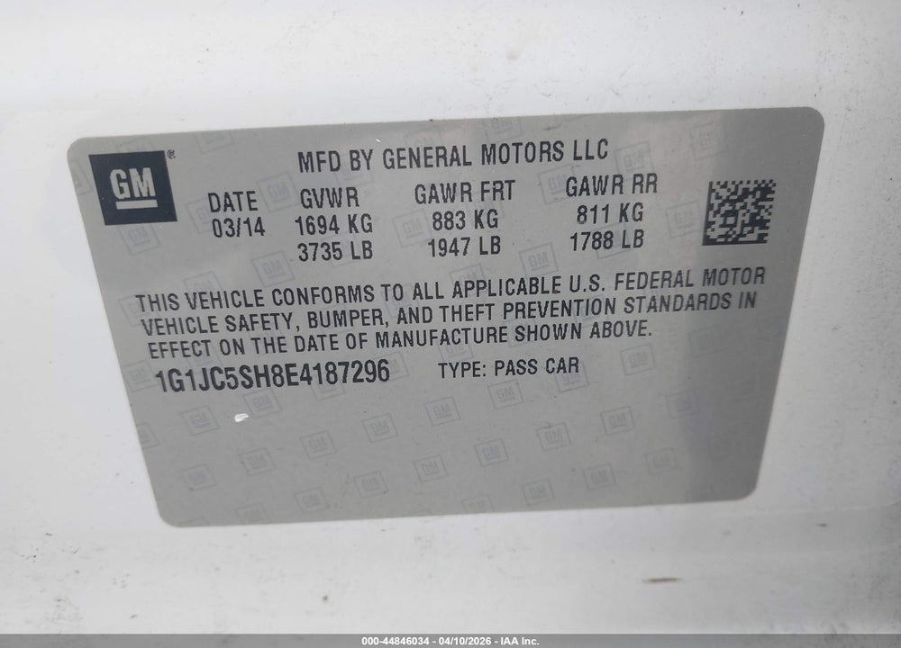 2014 CHEVROLET SONIC LT AUTO VIN: 1G1JC5SH8E4187296