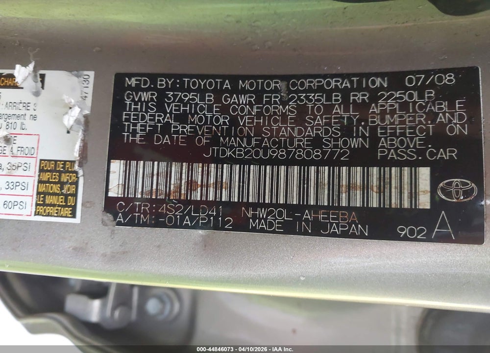 2008 TOYOTA PRIUS VIN: JTDKB20U987808772