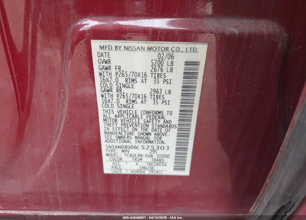2006 NISSAN XTERRA S VIN: 5N1AN08U06C525303