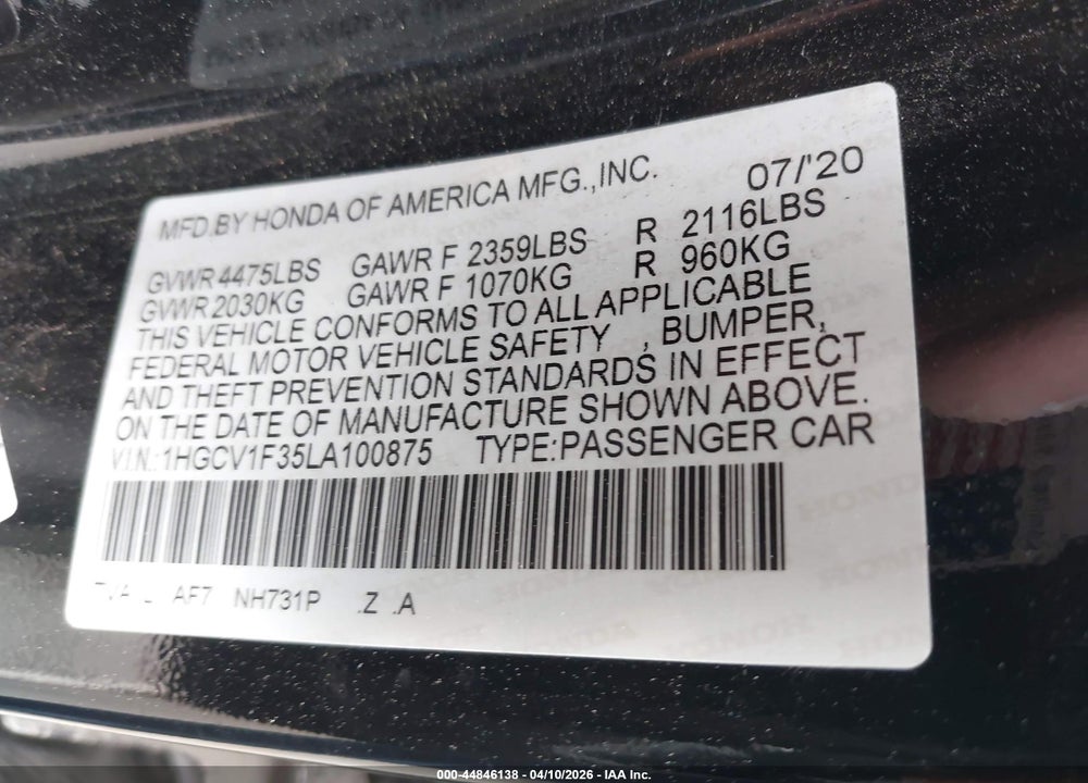 2020 HONDA ACCORD SPORT VIN: 1HGCV1F35LA100875